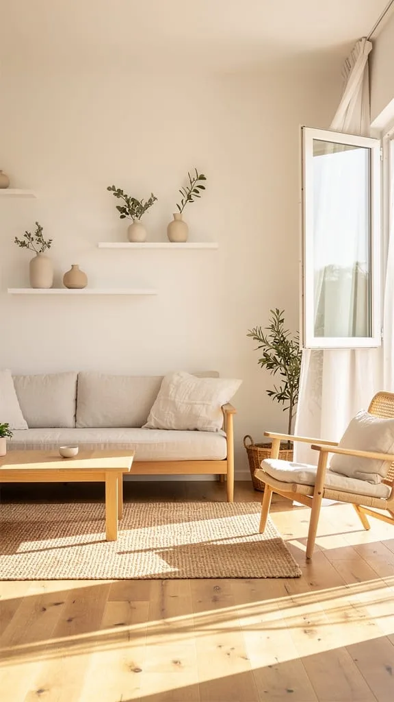 Minimalist airy summer living room with mostly clear surfaces