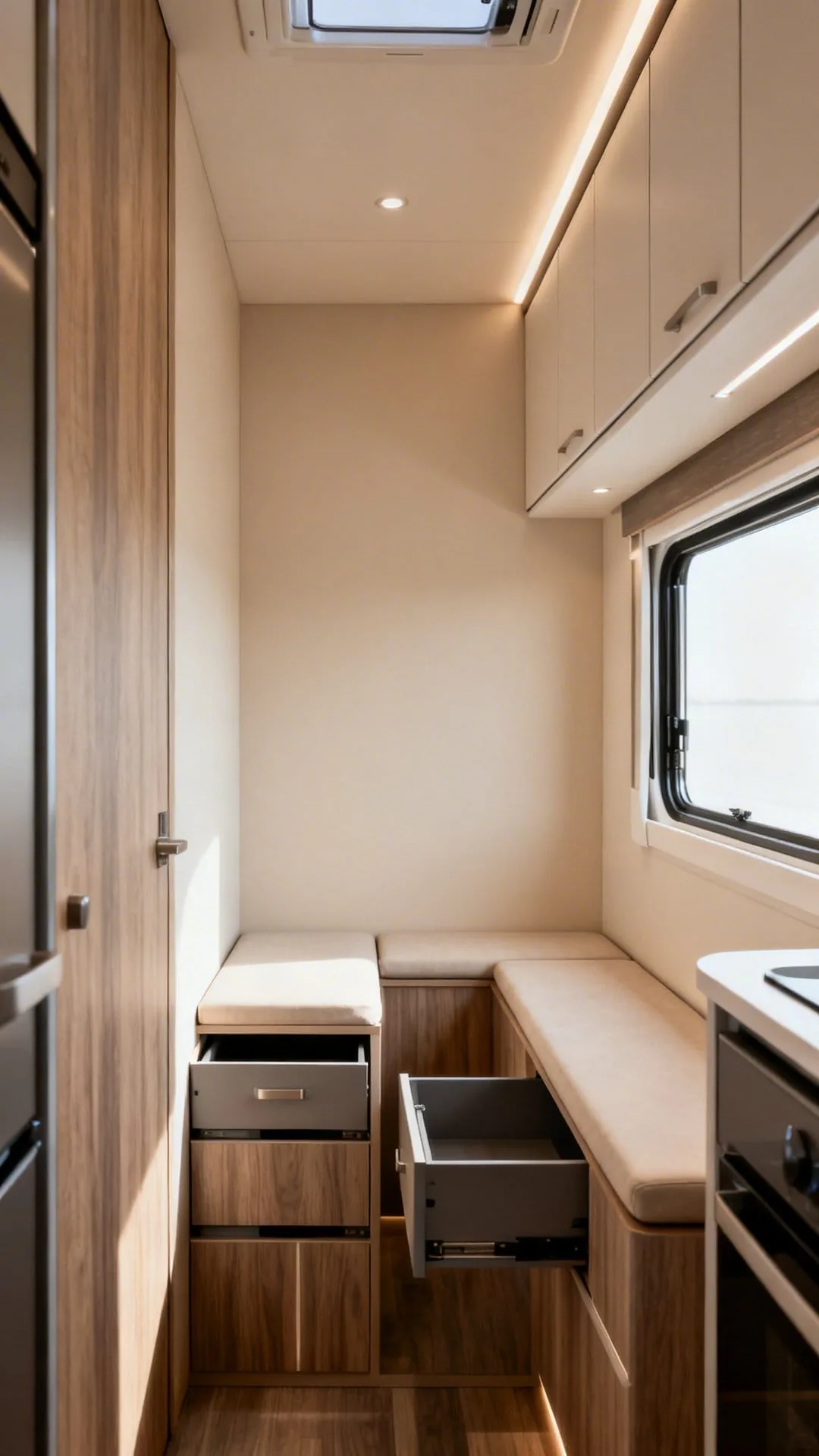 Hidden streamlined storage drawers in a minimalist camper