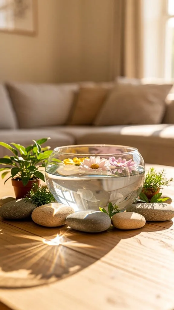 Tabletop water bowl with floating candles on a coffee table