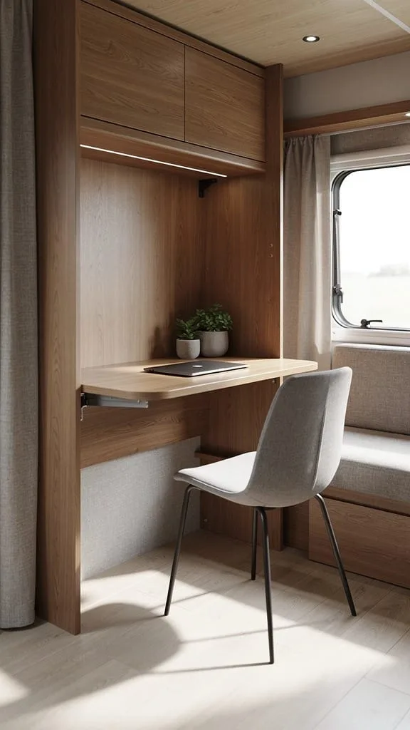 Fold-down desk tucked against the wall of a small camper