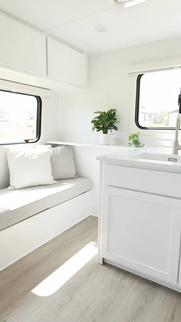 Fresh white paint brightening a small camper interior