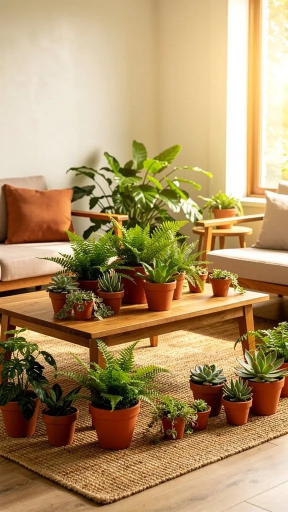Small potted houseplants in terracotta pots on a coffee table