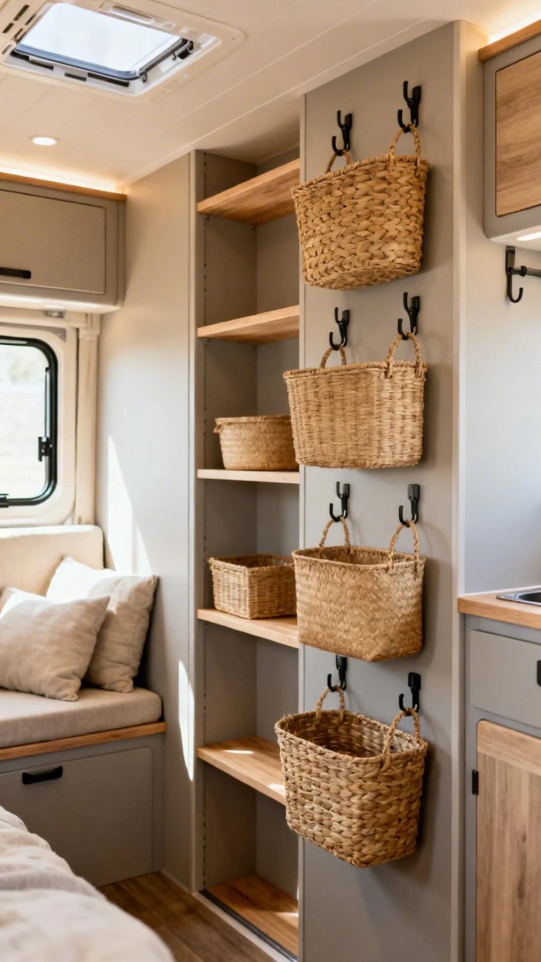 Vertical wall storage and hanging baskets in a small minimalist camper