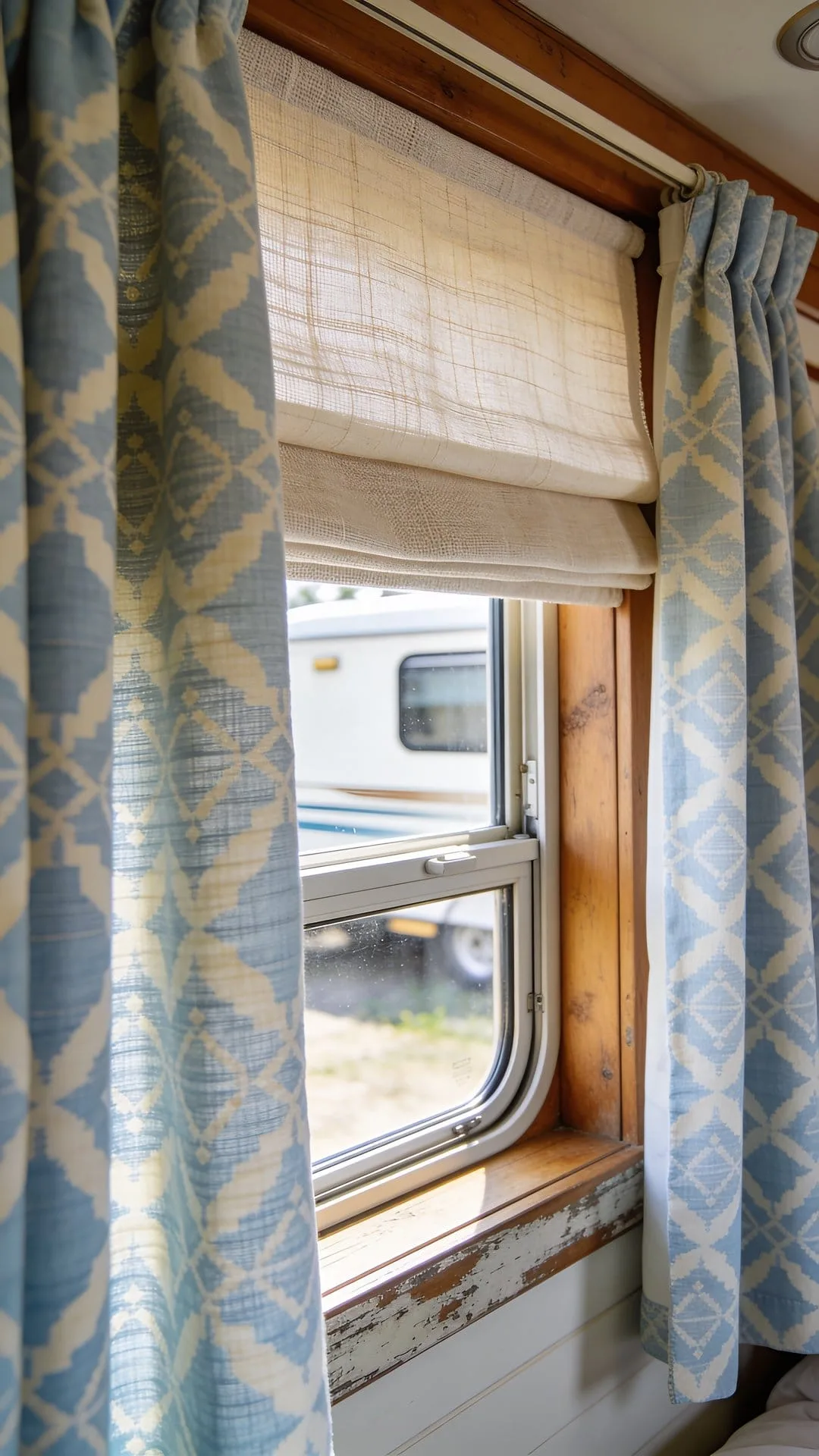 linen curtains and roman shades for camper kitchen window decor