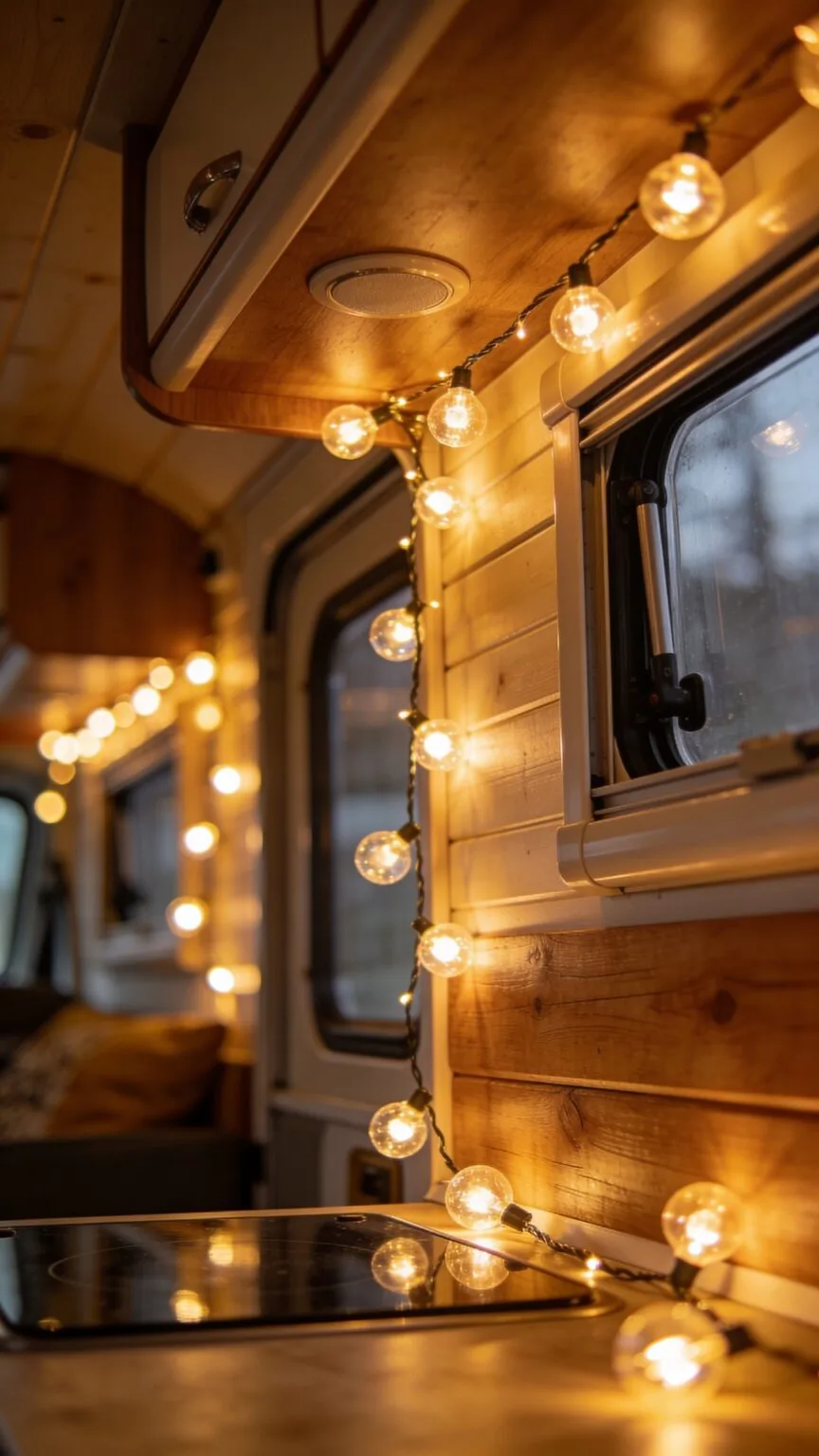 Fairy string lights hung along a shelf for a cozy evening mood