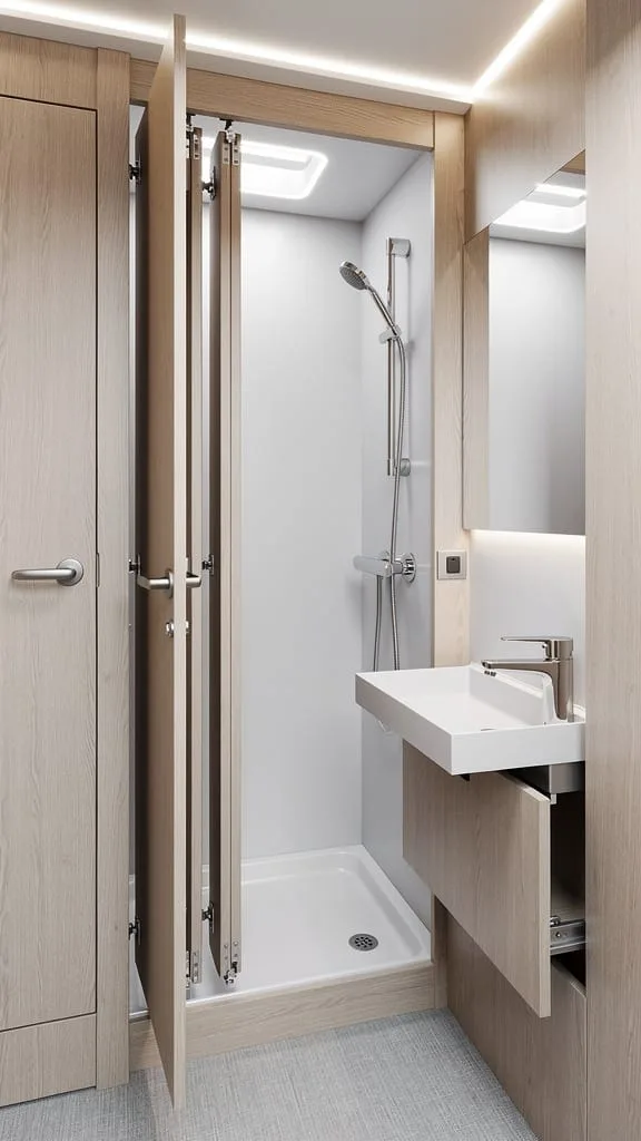 Hidden bathroom closet tucked into a small camper wall