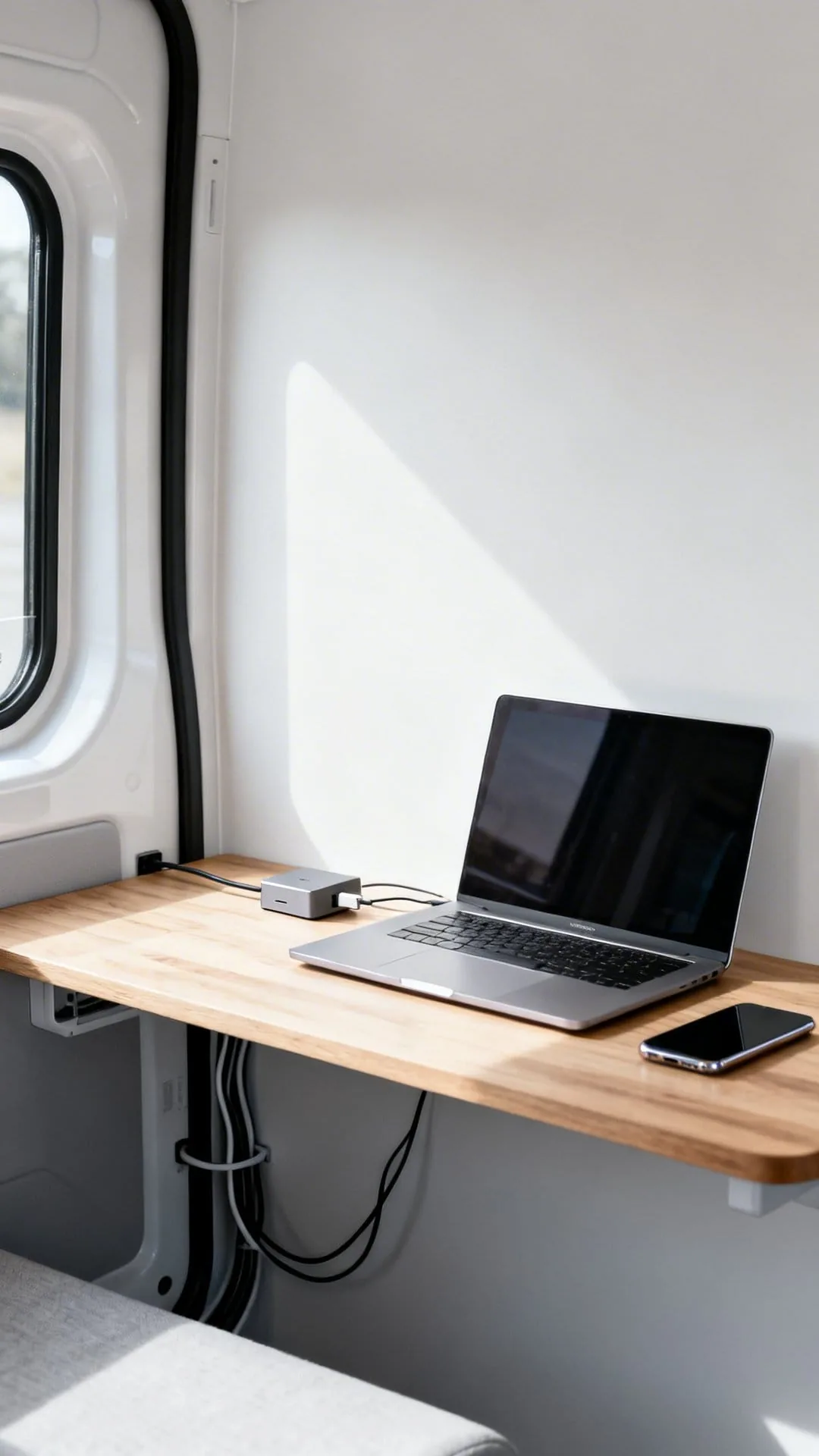 Concealed cords and tidy charging drawer in a minimalist camper
