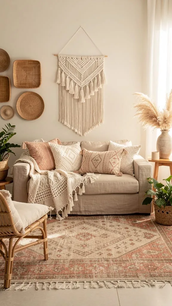 Layered boho textiles and tasseled throws in a summer living room