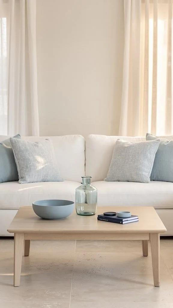 Coastal blue ceramics and white accents on a coffee table