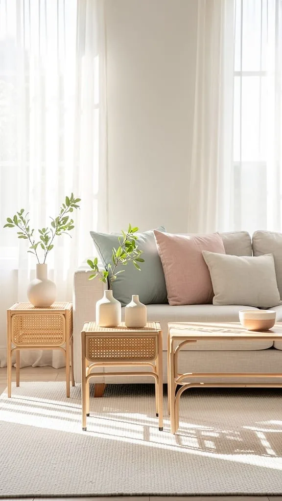 Lightweight rattan accent table holding plants in a summer living room
