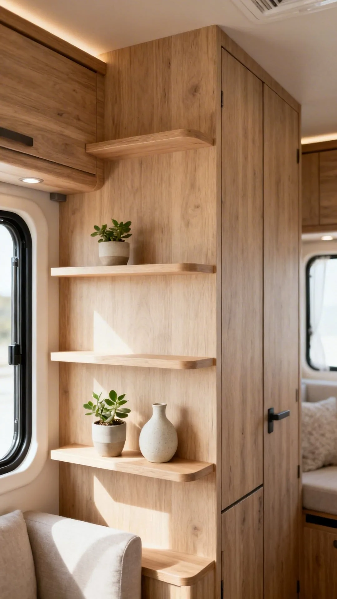 Modular floating shelves on a camper wall in a minimalist layout