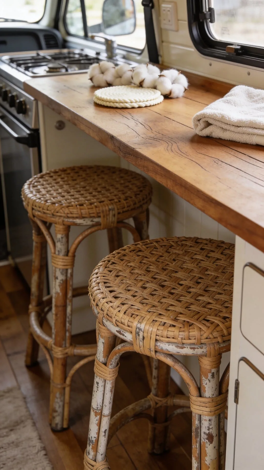 rattan and bamboo natural materials in camper kitchen interior decor