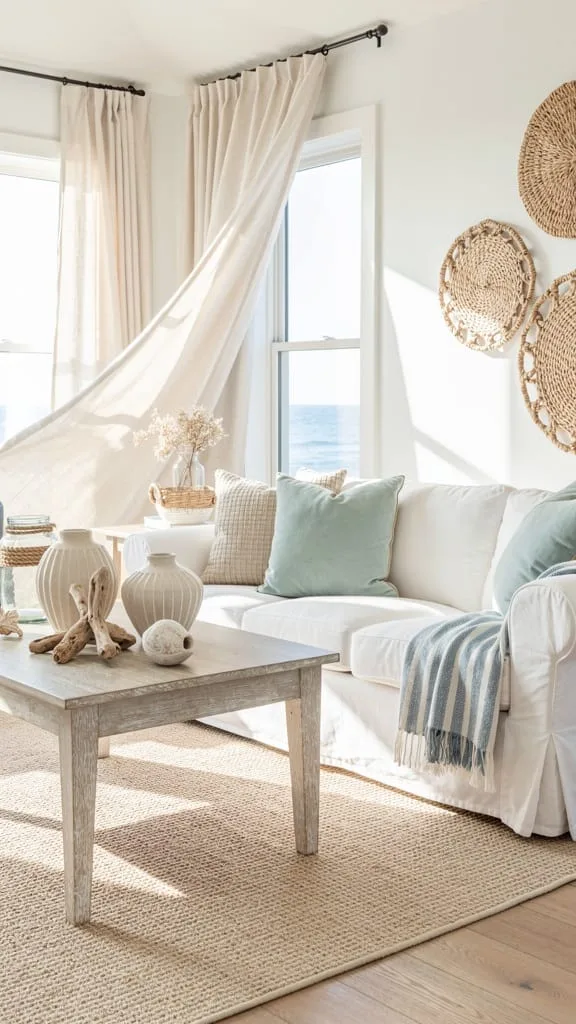 Subtle navy-and-white coastal accents in a summer living room