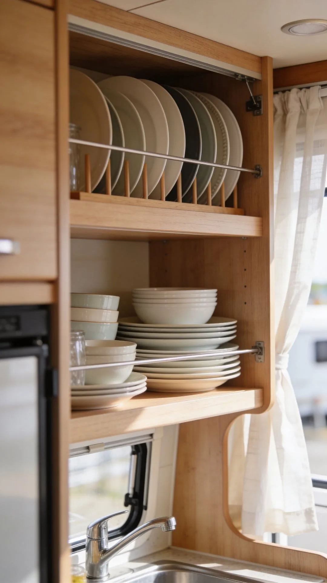 open shelving idea for a bright airy camper kitchen