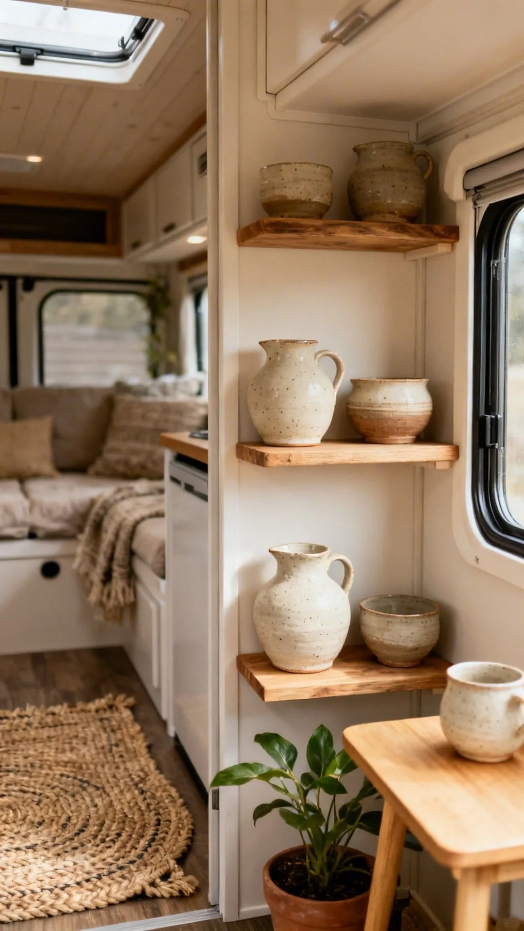 Single piece of wall art and ceramics as thoughtful accents in a minimalist camper