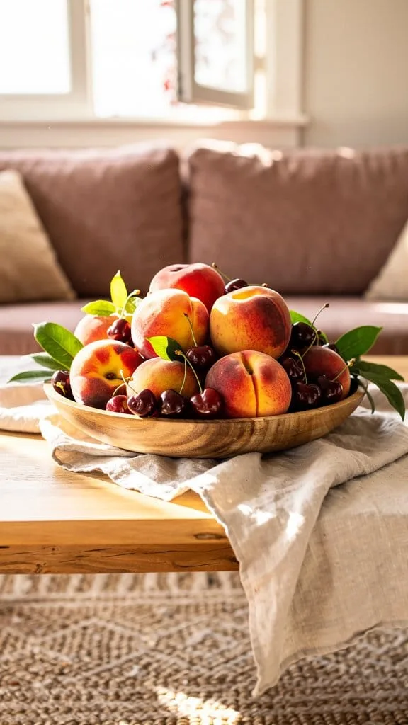 Wooden bowl filled with colorful summer fruit on a coffee table