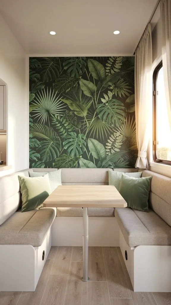 Botanical removable wallpaper on a camper accent wall