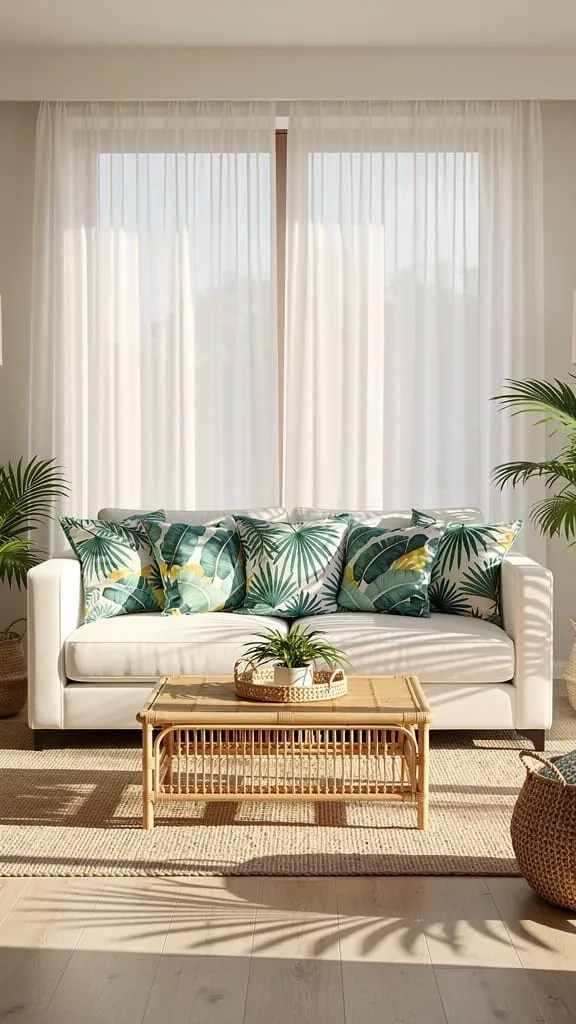 One tropical palm-print pillow accenting a neutral summer sofa