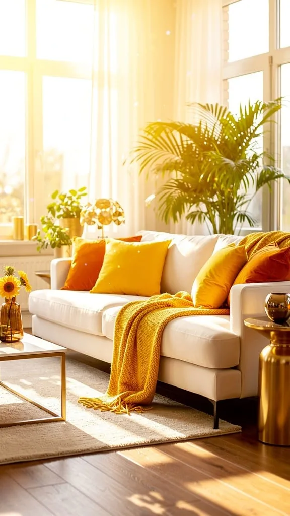 Sunny yellow vase and warm-toned accessories in a summer living room