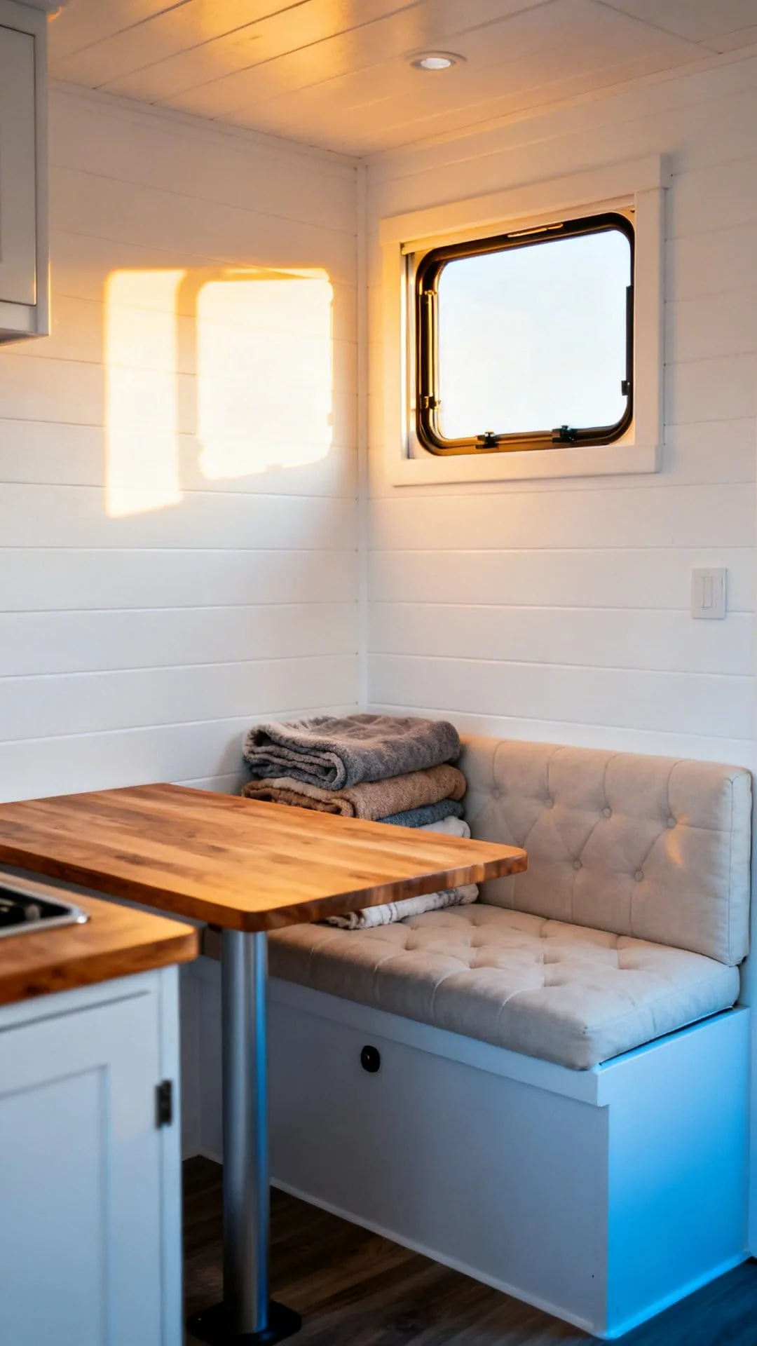 Bright minimalist camper interior with pale walls and natural light