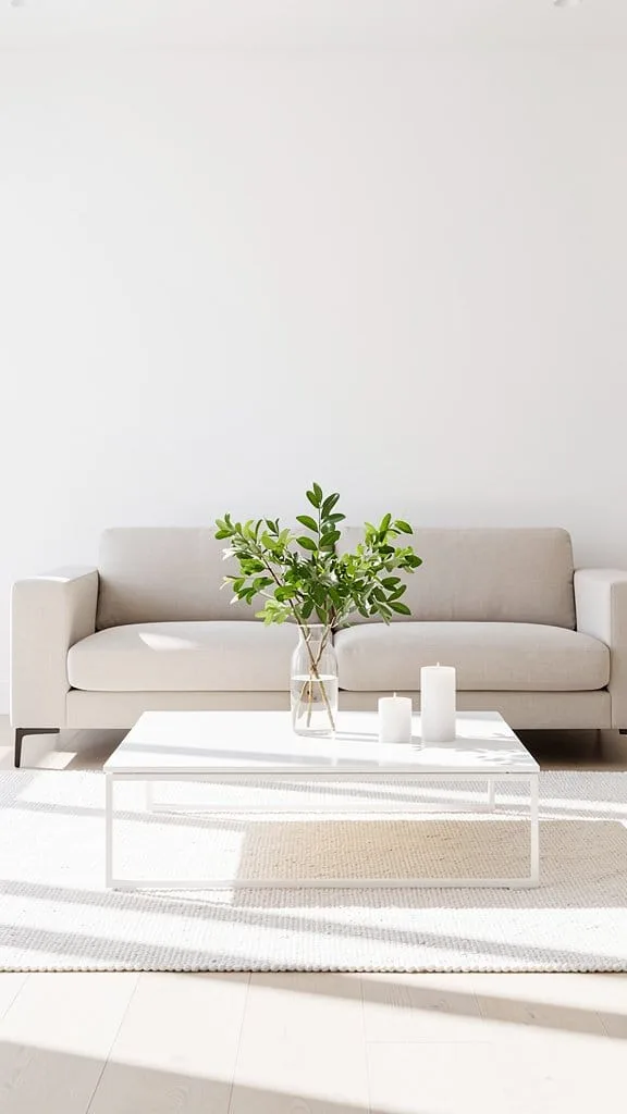 Minimal coffee table styling with a book, vase, and candle