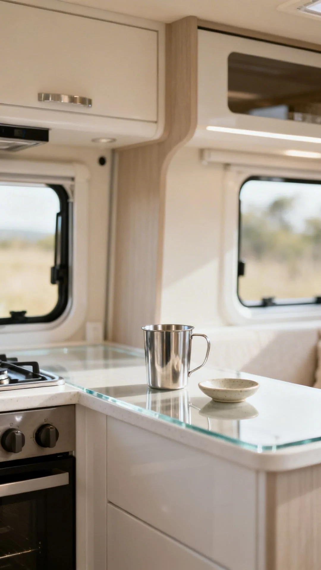 Clear uncluttered countertops in a calm minimalist camper interior