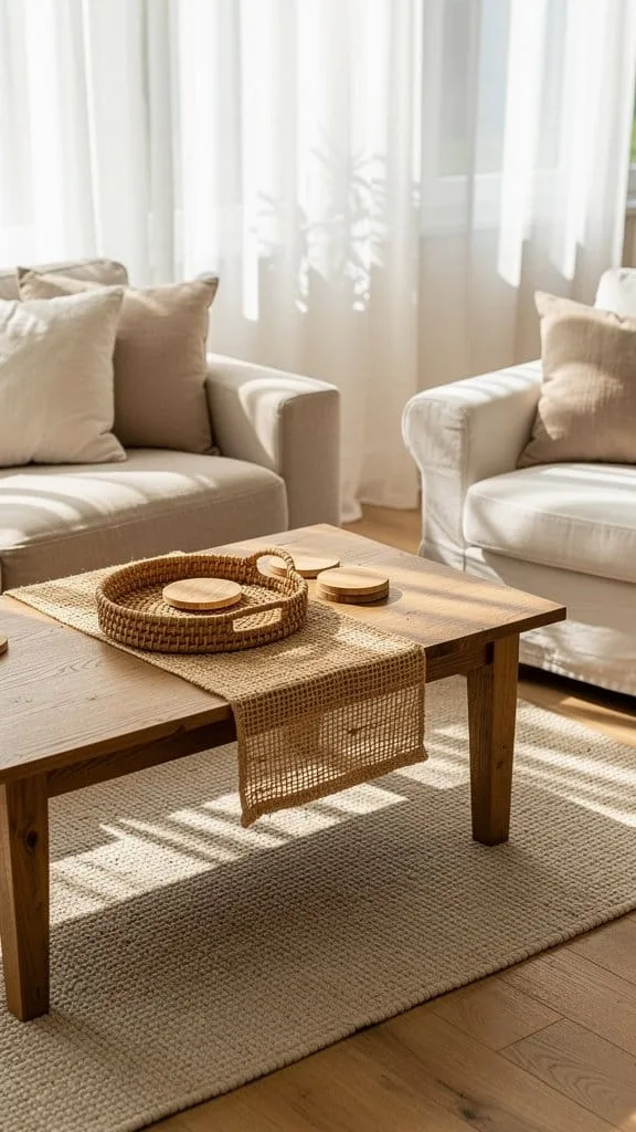 Woven rattan tray and jute textures layered on a coffee table