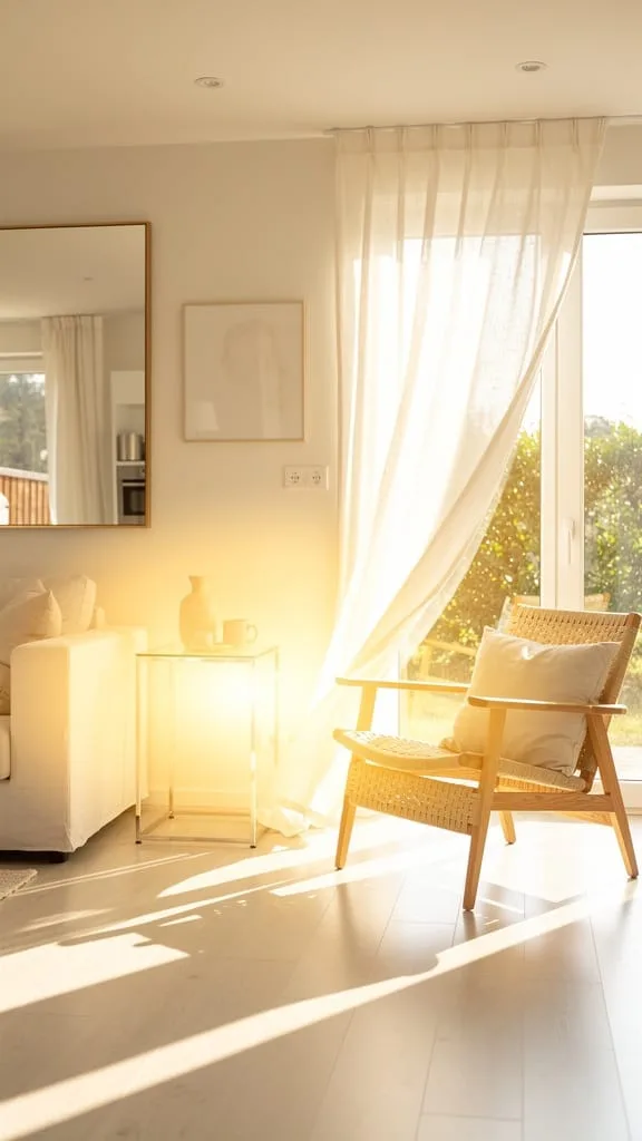 Summer living room with sheer linen curtains letting natural light flow through the windows