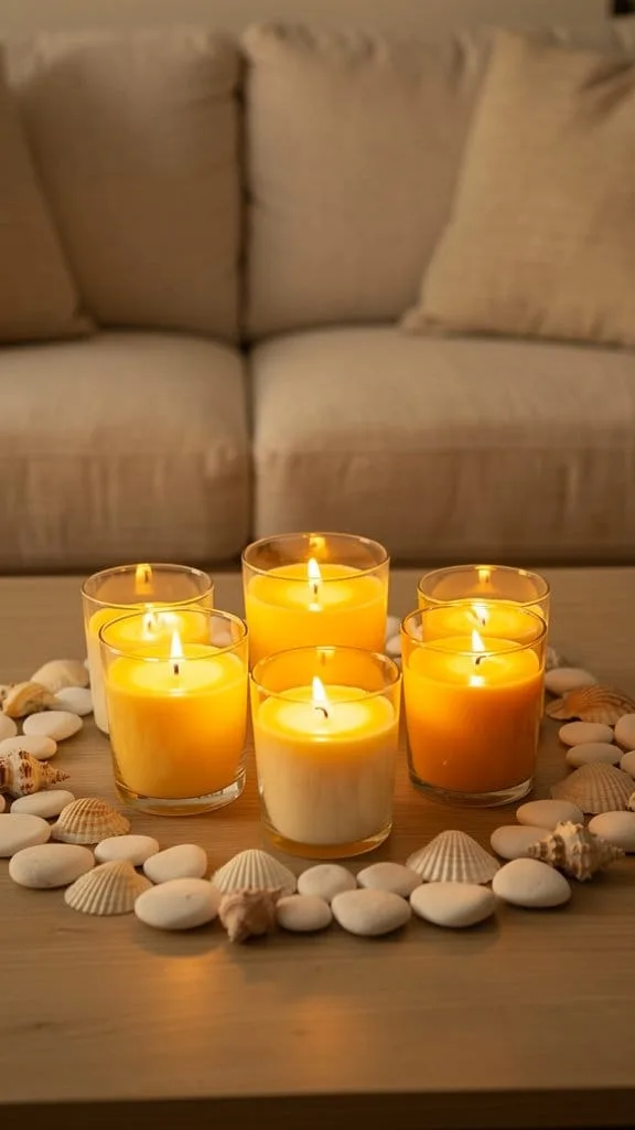 Glass votive candles grouped on a summer coffee table