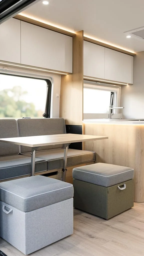Modular furniture system rearranged in a small camper