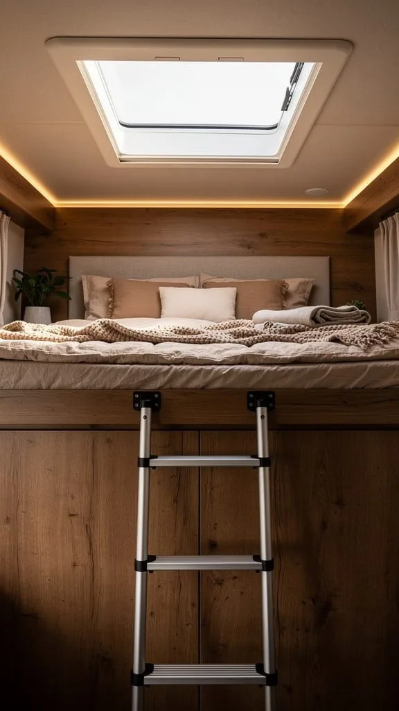 Multi-level loft sleeping area above the living space in a camper