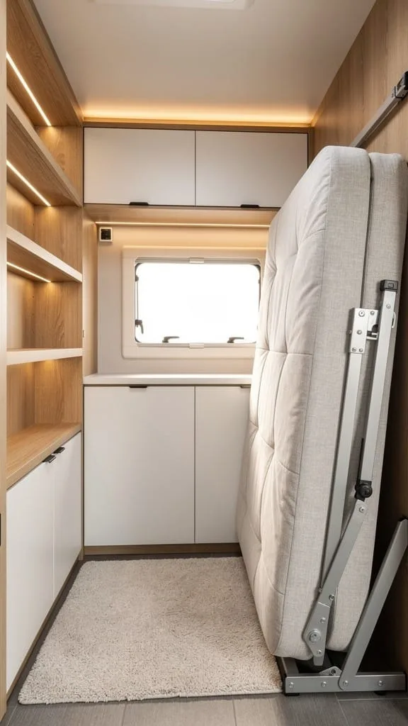 Fold-up Murphy bed against the wall of a small camper