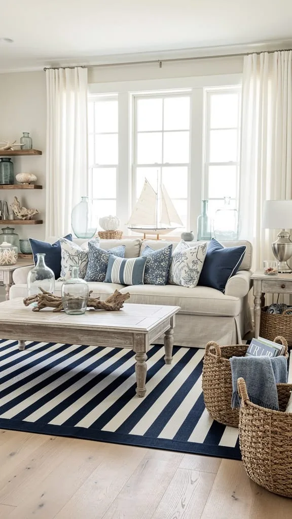 Nautical navy and white classic coastal living room rug