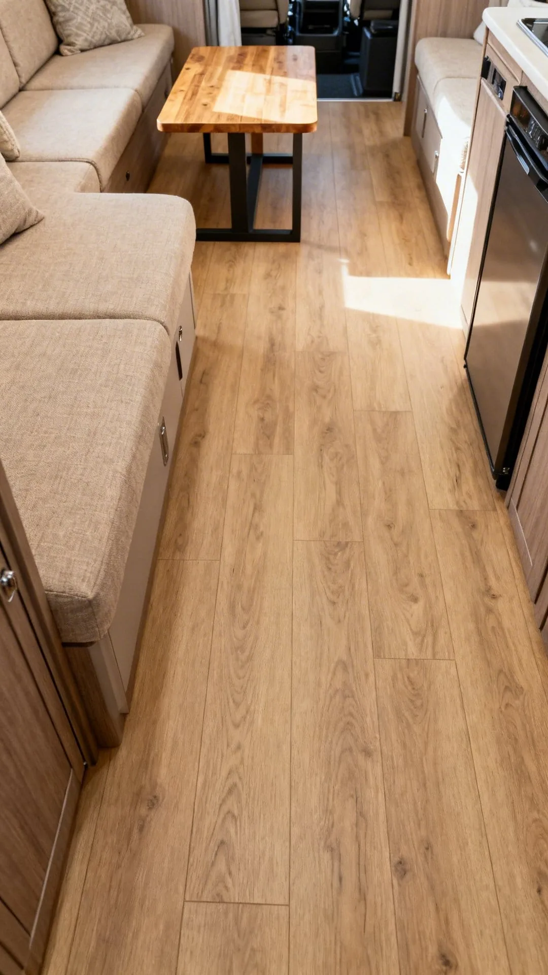 Neutral wood-look vinyl flooring in a bright minimalist camper