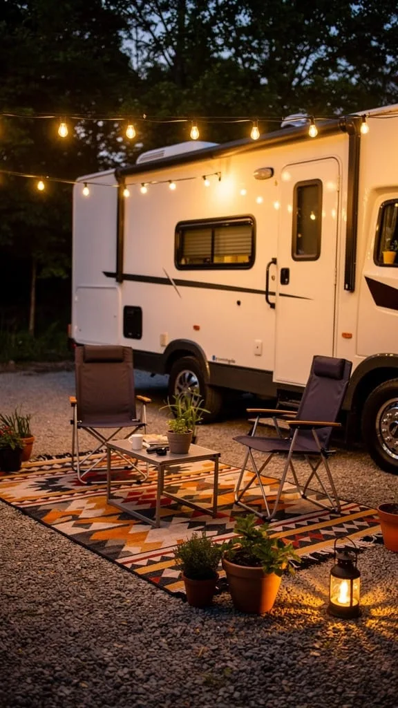 Outdoor rug, string lights, and chairs set up beside a camper