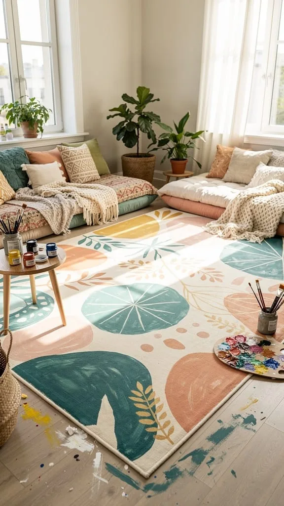 Painted DIY canvas summer living room rug with hand-stenciled pattern