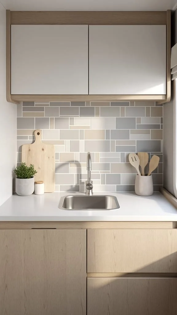 Peel-and-stick tile backsplash behind a camper kitchen sink