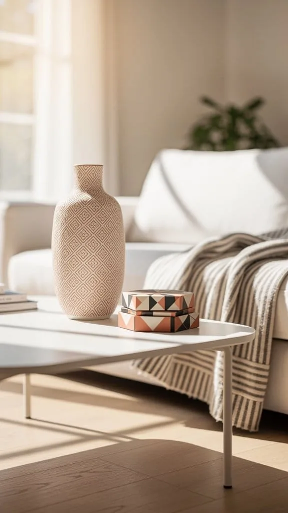 Patterned runner and geometric prints styled on a coffee table
