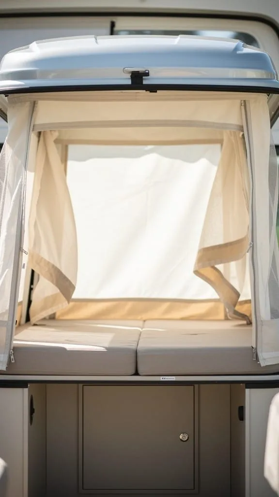 Pop-up roof raised for extra standing room in a small camper