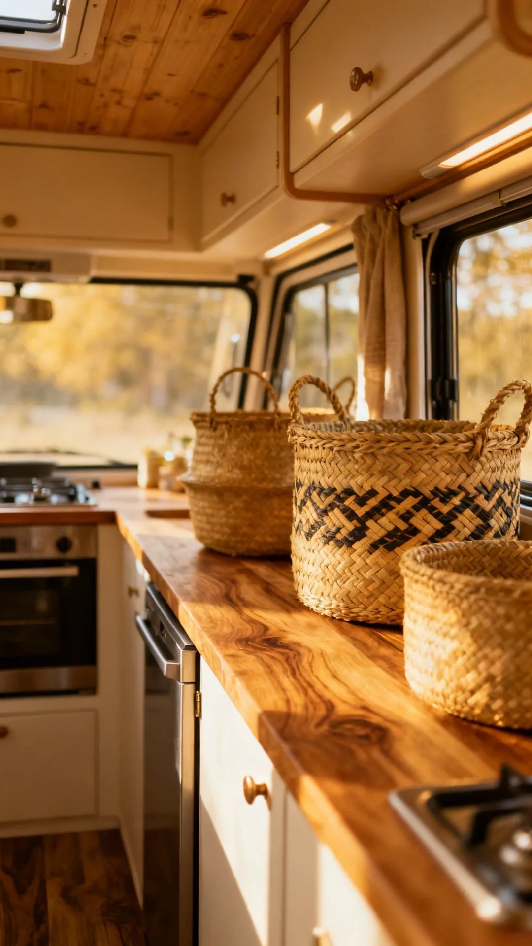 Wood and linen natural materials in a cozy minimalist camper