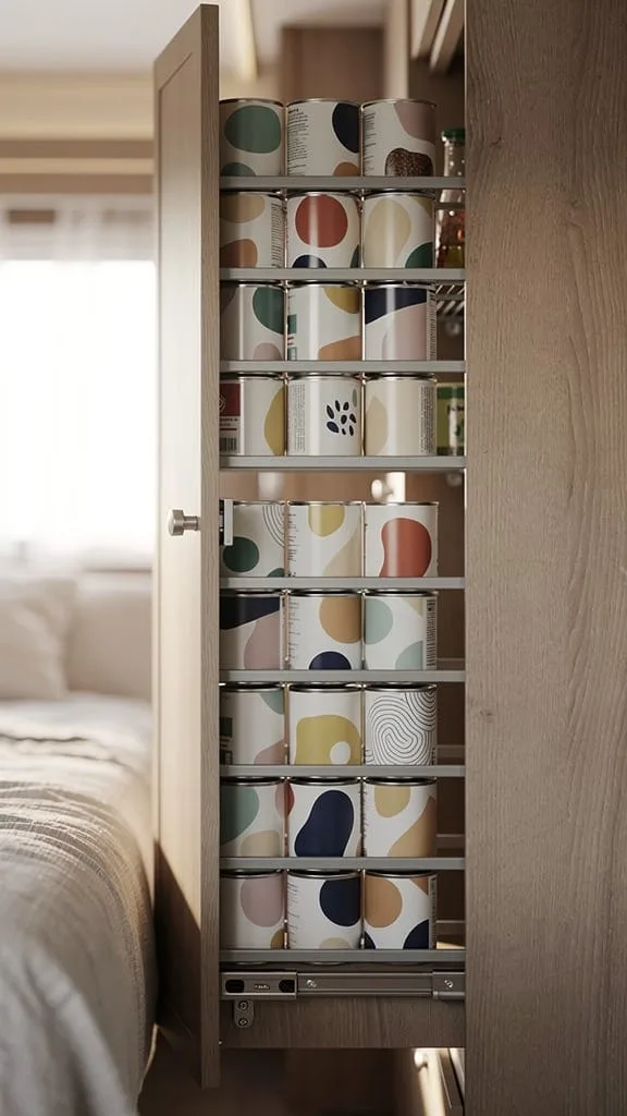 Slim pull-out pantry between cabinets in a small camper