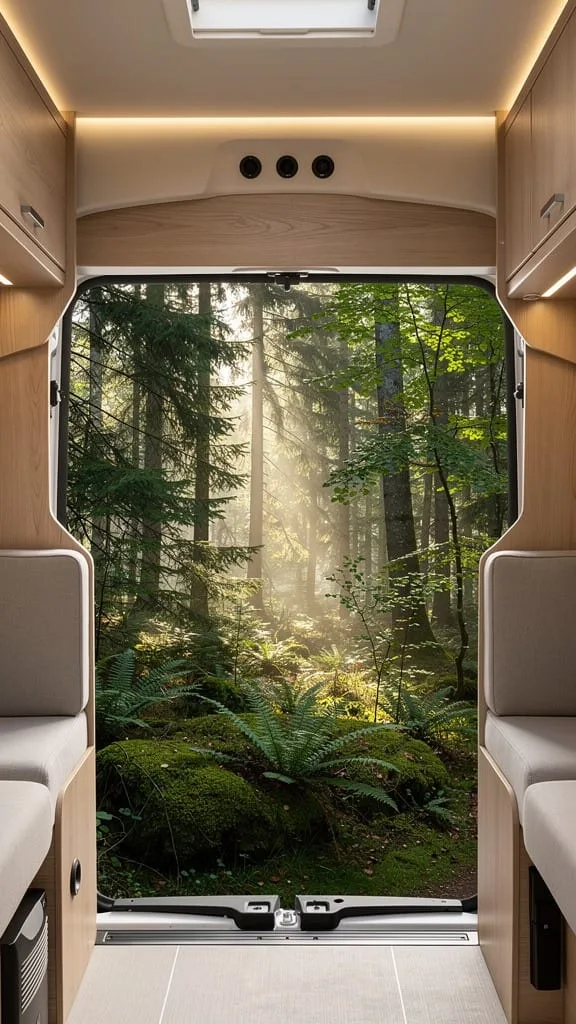 Rear entry with panoramic windows in a small camper