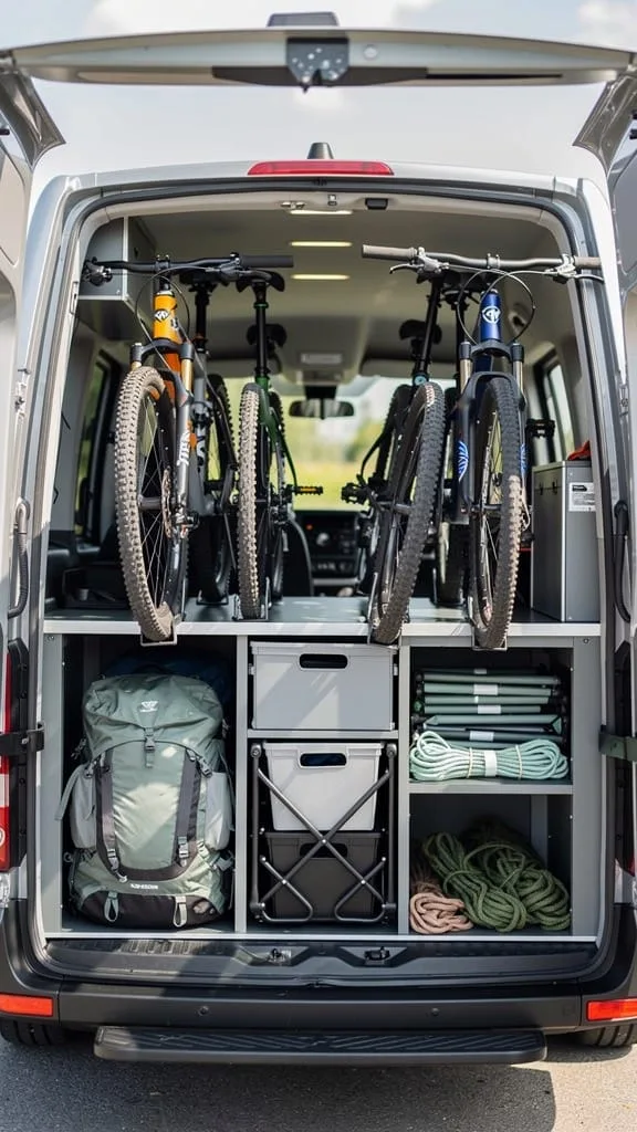 Rear garage storage zone for gear in a small camper