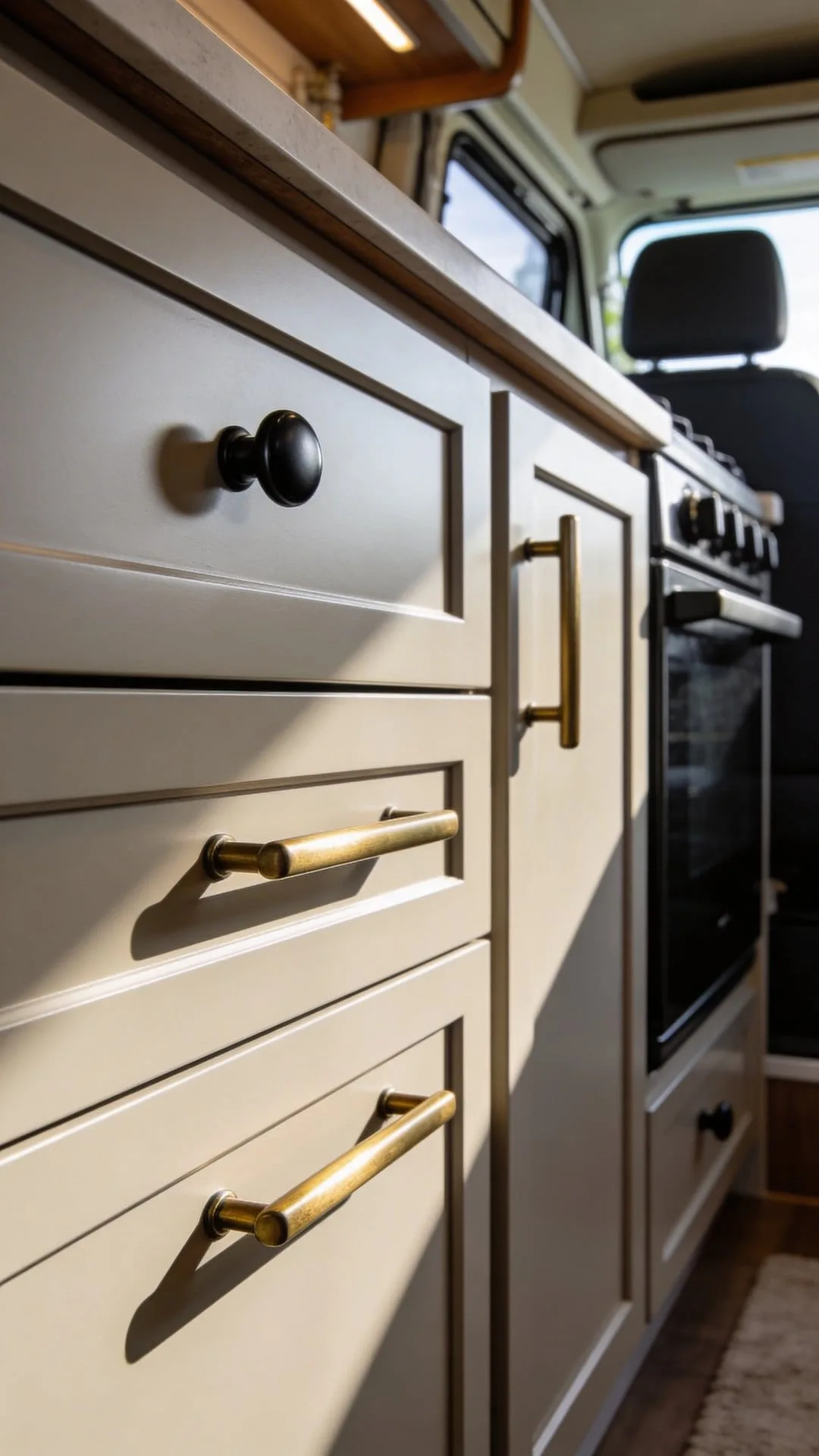 matte brass cabinet hardware refresh for camper kitchen upgrade