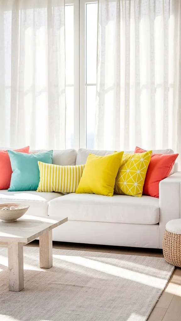 Bright citrus-colored cushion covers on a summer living room couch