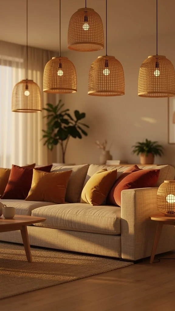 Woven shade table lamp giving a soft glow in a summer living room