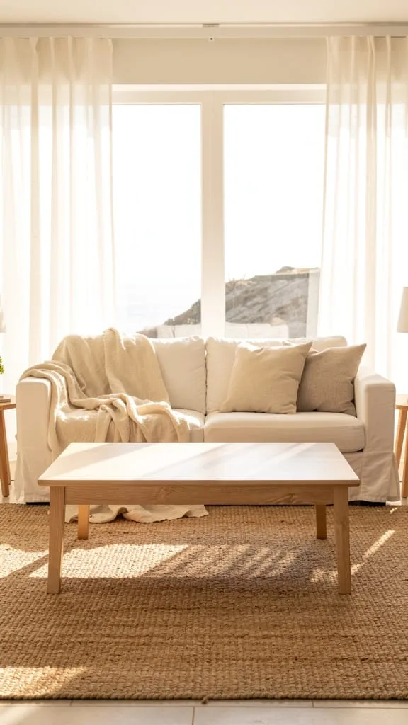 Light jute rug grounding a breezy summer living room
