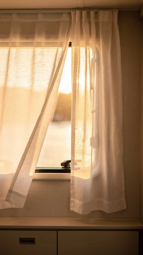 Light patterned curtains framing a camper window