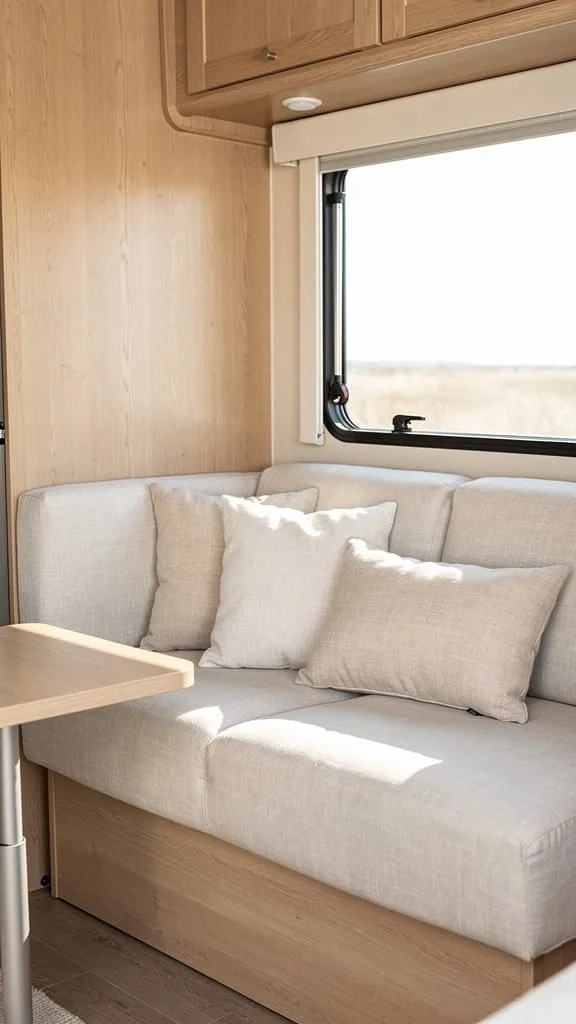 Fresh slipcovered cushions on camper dinette seating