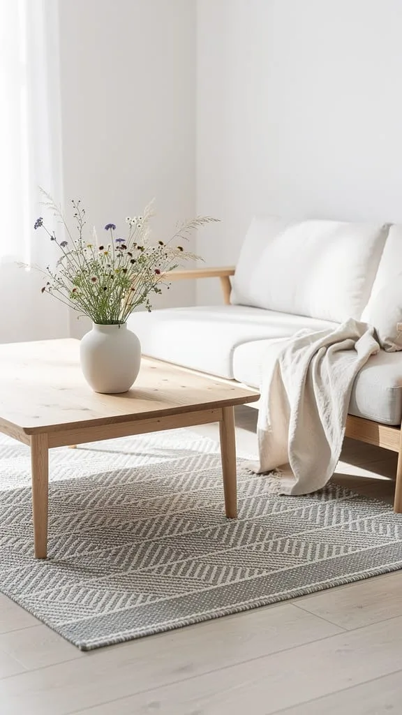 Scandinavian style simple summer living room rug in muted tones